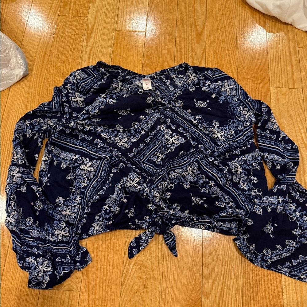 Kids Navy Blue Bandana Print Tie-Front Top
